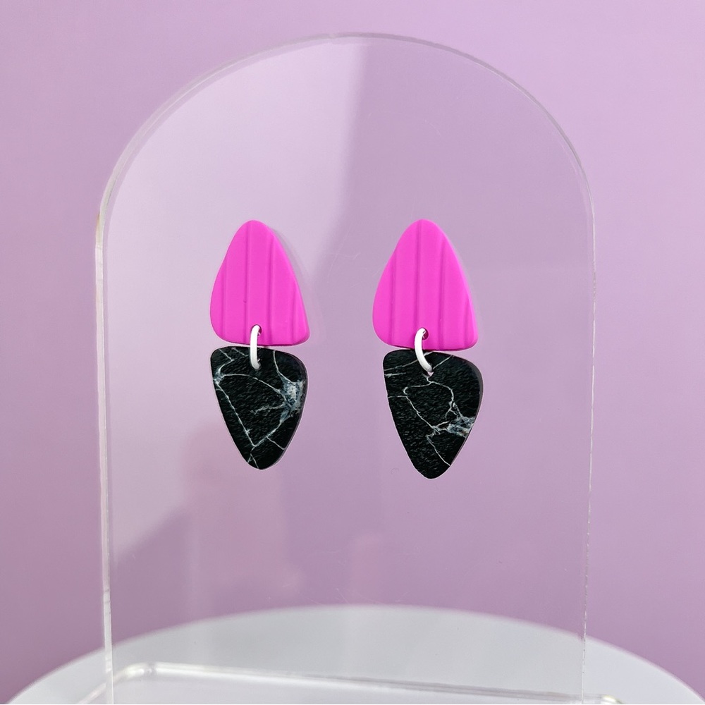 Pink with Black Marble Design Handmade Polymer Clay Dangle Earrings Ligh…